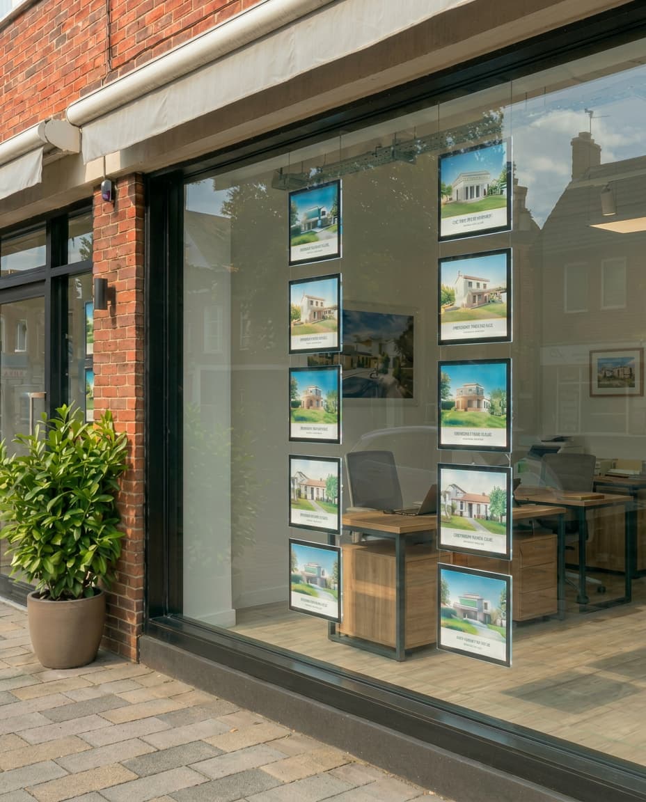 Illuminated hanging frames for shop windows